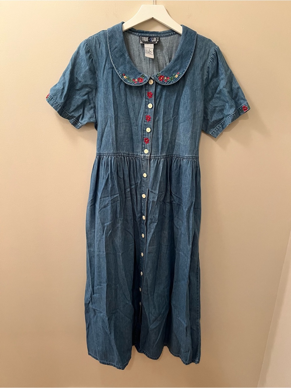 True Blue Vintage Women’s Denim Button Down Dress With Flower Embroidery Size L